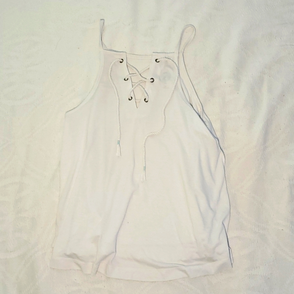 SO brand, white tank top with criss cross, M.